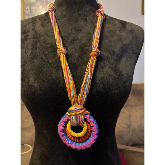 Handcrafted Rainbow Colors Statement Necklace Circular Pendant Boho Hippie Artsy - Picture 11 of 11